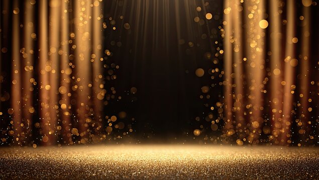 Sparkling stage with golden curtains, glowing spotlights, and falling gold dust particles