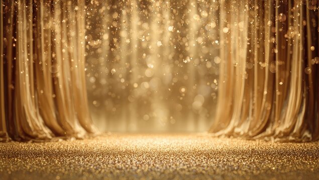 Golden theater curtains frame a shimmering stage floor with magical falling glitter light