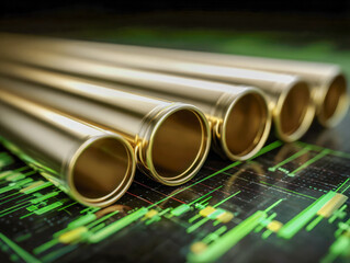 Golden metallic pipes arranged in a row resting on a futuristic digital interface with glowing green and orange data visualizations and charts
