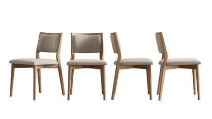 Four modern light wood dining chairs with upholstered beige fabric seats and backs arranged, isolated on transparent background