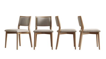 Four modern light wood dining chairs with upholstered beige fabric seats and backs arranged, isolated on transparent background