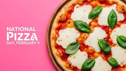 Delicious close-up of a Margherita pizza with melted cheese and fresh green basil leaves on a vibrant pink background for National Pizza Day