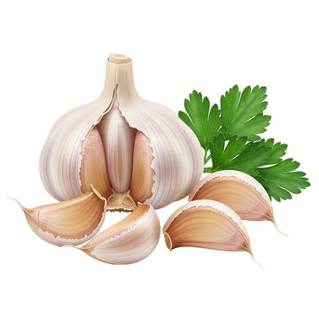 Fresh garlic bulb with parsley isolated on transparent background