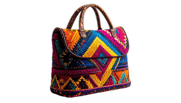 Colombian mochilas wayuu handwoven bag with colorful geometric designs, isolated on a white background