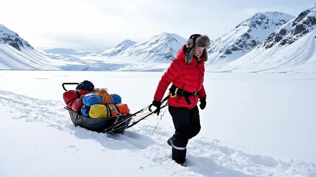 A female explorer pulls a loaded sled across a frozen snow field surrounded by mountains. This scene conveys resilience and adventure suitable for travel and extreme sports concepts.