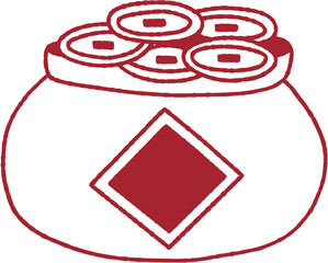 Pot of Chinese Coins Vector Line Art Illustration