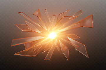 Explosion of glass shards with glowing lights and flashes.