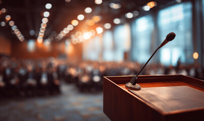 A wooden podium with a microphone stands at the front of a large auditorium filled with people in the background, illuminated by warm lighting from overhead.