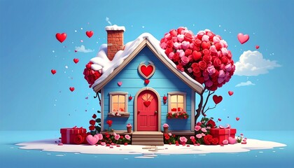 Gift boxes with heart balloon floating it the sky, Happy Valentine's Day banners, paper art style.