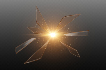 Explosion of glass shards with glowing lights and flashes.