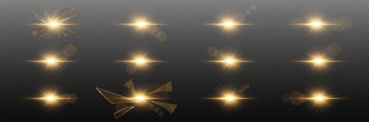 Realistic golden light flares with sparkle effect.