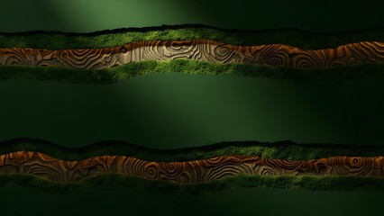 Natural wooden texture with green moss on dark background