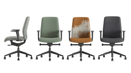 A stylish row of four modern ergonomic office chairs displayed in various colors and perspectives, isolated on transparent background