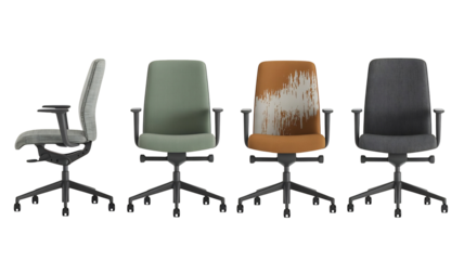 A stylish row of four modern ergonomic office chairs displayed in various colors and perspectives, isolated on transparent background