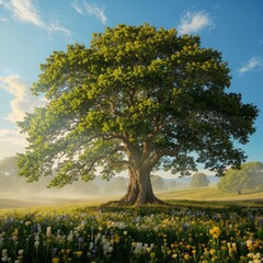 Majestic Large Green Leafy Tree Standing in Blooming Meadow Under Bright Blue Sky