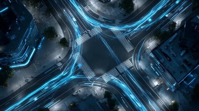 Top view of futuristic smart city intersection with glowing blue data trails and high-speed traffic (AI Generated)