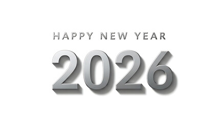 Elegant 3D Happy New Year 2026 graphic design featuring premium silver metallic typography on a crisp white background.