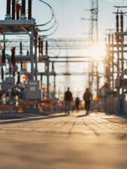 People walking through an industrial electrical substation with towering power lines during a golden sunset casting long shadows on the ground