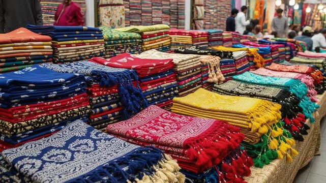 Colorful Textile Display: A vibrant collection of folded textiles showcasing an array of colors and patterns, beautifully arranged, inviting exploration and appreciation of artisan craftsmanship. 