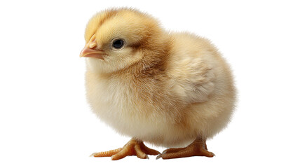 Obraz premium Two cute, fluffy yellow newborn baby chicks and a tiny duckling are isolated on a white background in a studio shot, representing young farm poultry and Easter livestock
