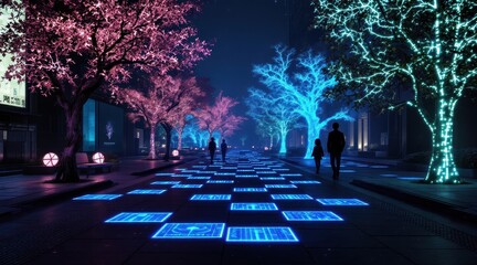 Futuristic Smart City Night Street Featuring Bioluminescent Data Trees and Interactive Kinetic Energy Pavement Tiles for Sustainable Urban Lighting