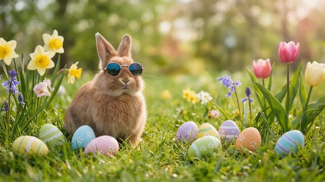 Cute rabbit wearing sunglasses among colorful Easter eggs and blooming flowers in a vibrant spring garden