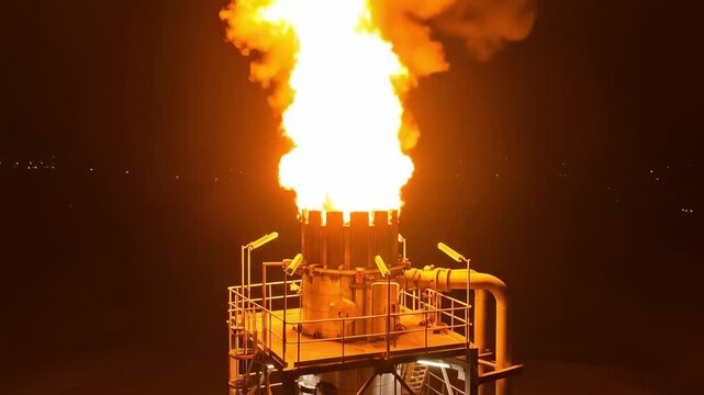 Nighttime View of an Industrial Gas Flare Stack with Intense Flame Emissions, Highlighting Energy Production and Environmental Impact in Oil Refining Operations