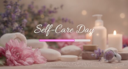 Self-care Day Spa Scene with Pink Flower Candles and Skincare Products in Soft Lighting