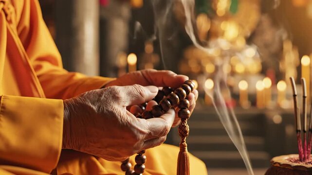 A warm, atmospheric close-up captures a buddhist monk's hands praying with mala beads, highlighted by golden light and incense smoke inside a temple.