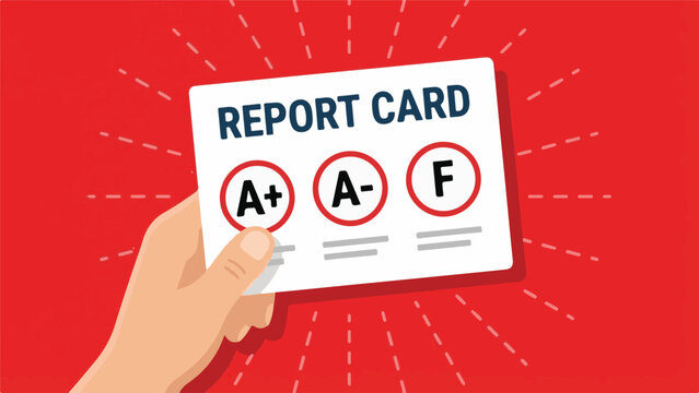 Report card with academic grades A+, A-, and F held by a hand - Powered by Adobe