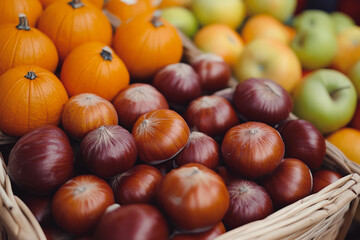 A vibrant assortment of small pumpkins and chestnuts in woven baskets, showcasing the rich colors of autumn produce.