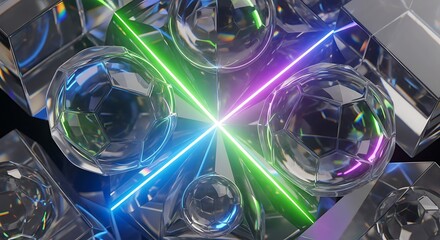 Abstract Geometric Glass Shapes with Neon Light Beams