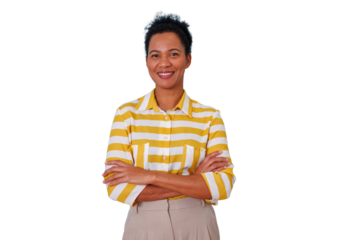 Confident black woman smiling, crossing arms, wearing yellow and white striped shirt, feeling happy and positive with a transparent background