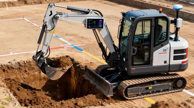 Selfdriving excavator digging foundation with GPS accuracy featuring robotic arm articulation and smart machinery integration onsite.
