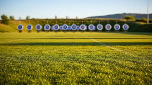 Archery Range with Multiple Targets on a Grassy Field Under Clear Sky.