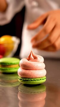 person piping pink filling onto green macaron dessert