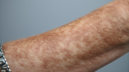 Fototapeta premium Close up macro of arm skin with textured dryness and irritate condition showing uneven tone and rough surface in natural light