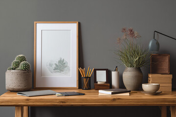 A minimalist desk setup with a cactus a framed picture books and a coffee cup