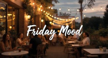 Outdoor Patio Dining Scene with String Lights in Evening Ambience for Relaxed Social Gathering