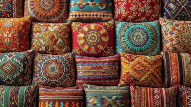 Artistic Cushions Showcase: An array of vibrantly patterned cushions are meticulously arranged to display a tapestry of artistic designs, colors and textures, creating an interior design