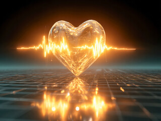 Glowing golden heart shape with an animated heartbeat pulse line reflecting on digital grid surface symbolizing life and vitality in futuristic style