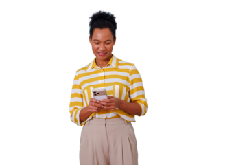 Woman smiling while using smartphone for communication, networking, and digital connection, standing on transparent background