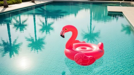 Pink Inflatable Flamingo Floating in a Clear Blue Swimming Pool with Palm Tree Reflections.