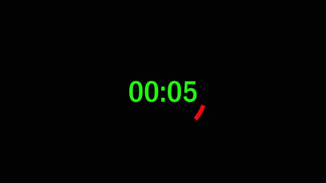 Digital Countdown Timer 00:05 Neon Glow on Black Background.