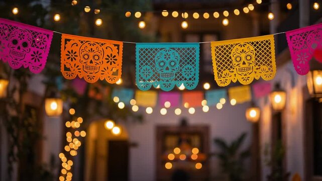 Vibrant papel picado decorations with skulls glowing under string lights for festive celebrations