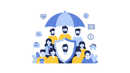 Obraz premium Protective Group of Diverse People Under Umbrella Emphasizing Security and