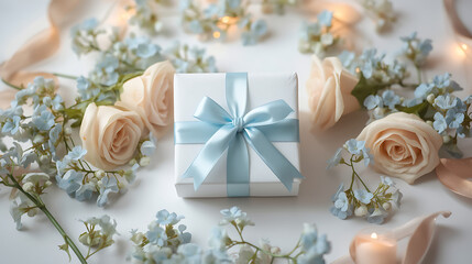 Delicate gift box surrounded by white roses and baby's breath