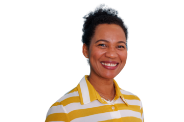 Cheerful black woman in yellow striped polo shirt, portrait, cropped, showing positive emotion and joy, isolated