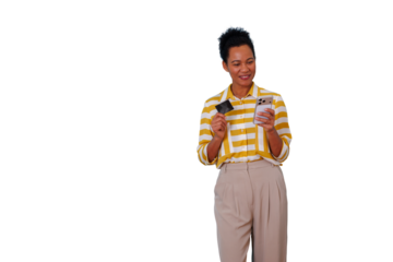 Woman shopping online with credit card and smartphone, making secure mobile payment on a transparent background