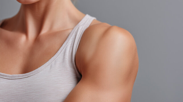 Close up focus of upper arm with clean soft skin gentle light showing healthy smooth texture and natural tone on female body in sleeveless top